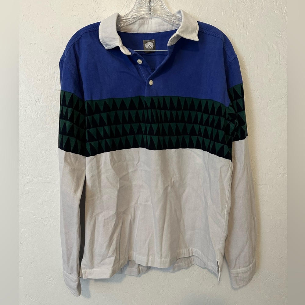 18 East The Lee Oxford Rugby Shirt Size Small White Blue Green Trees Colorblock